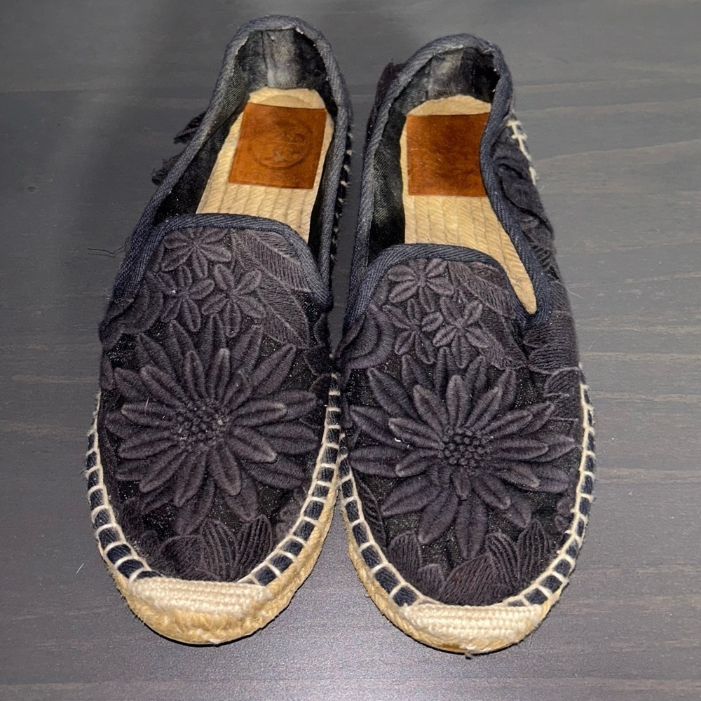 Tory Burch Black Floral Espadrille Flats